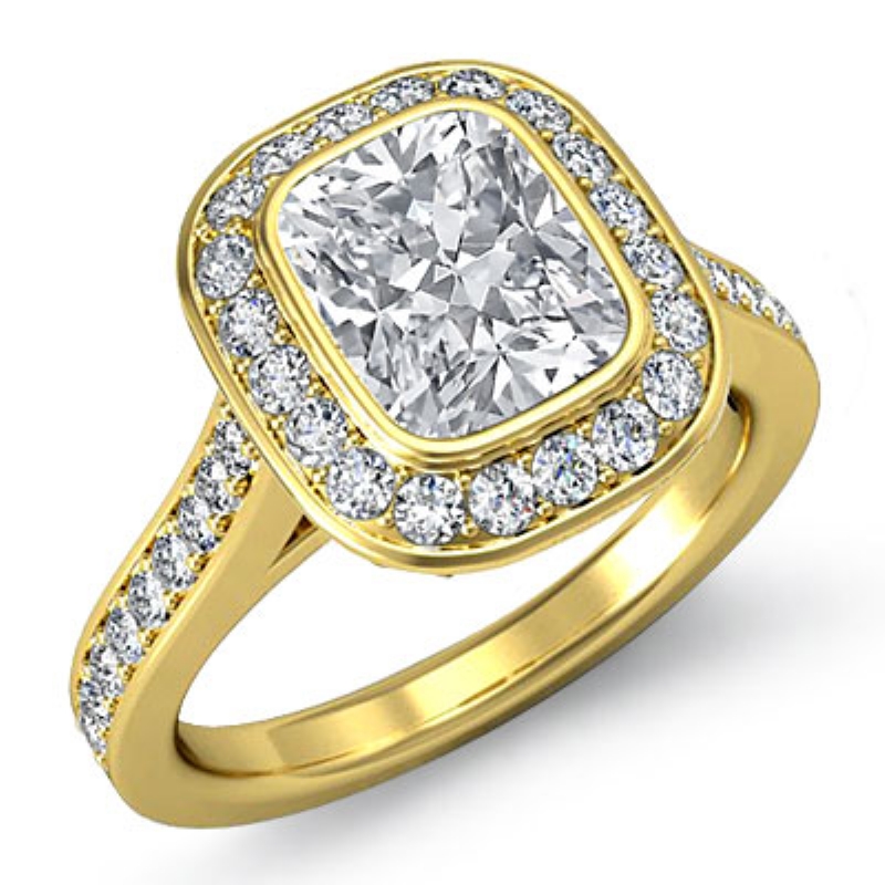 Micro Pave Halo Bezel Set diamond Ring 14k Gold Yellow