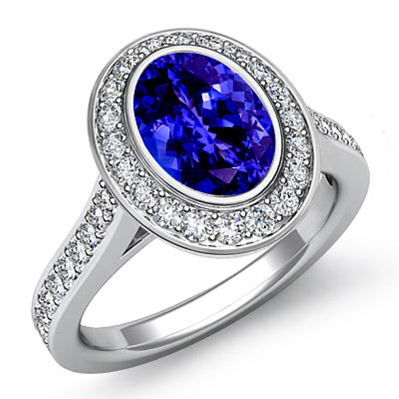 Modern Accents Bezel Halo Oval diamond engagement Ring in 14k Gold White