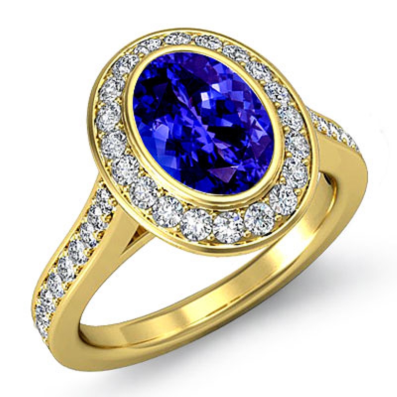 Modern Accents Bezel Halo Oval diamond engagement Ring in 18k Gold Yellow