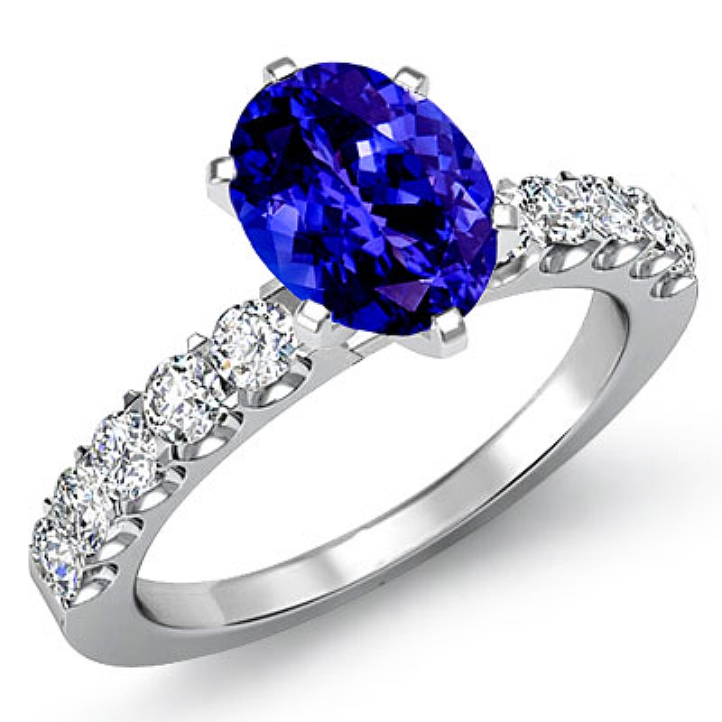 U Prong Setting Sidestone Oval diamond engagement Ring in 14k Gold White