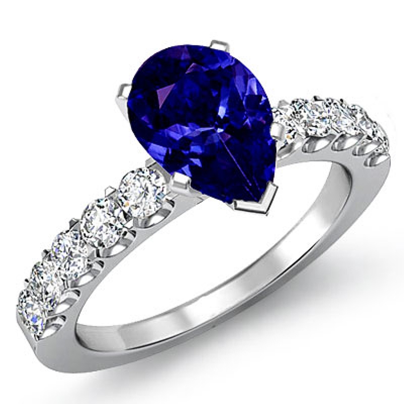 U Prong Setting Sidestone Pear diamond engagement Ring in 14k Gold White