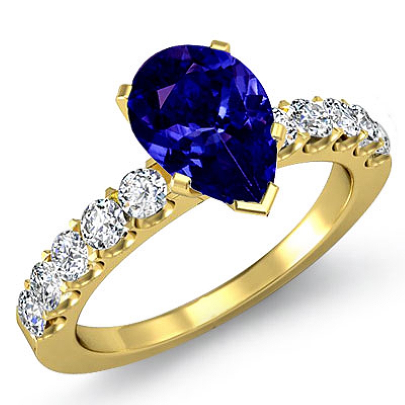 U Prong Setting Sidestone Pear diamond engagement Ring in 14k Gold Yellow