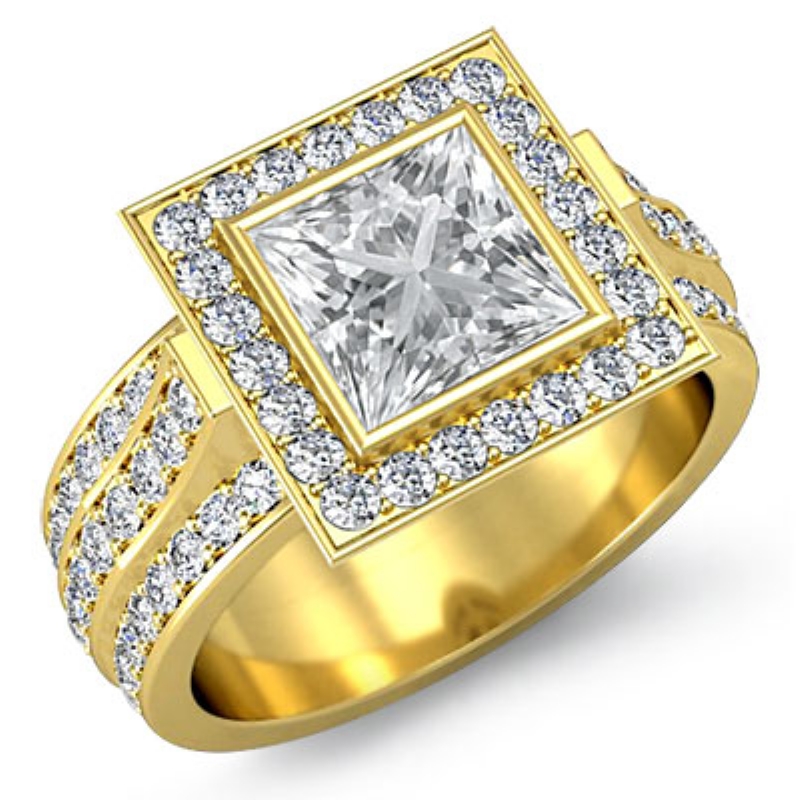 3 Row Shank Bezel Halo diamond Ring 14k Gold Yellow