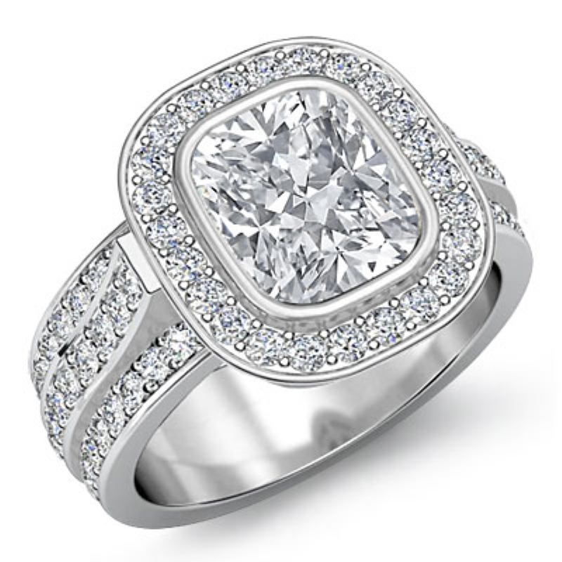 3 Row Shank Bezel Halo diamond Ring 14k Gold White