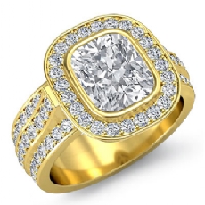 Bezel Set Trio Shank Halo diamond Ring 14k Gold Yellow