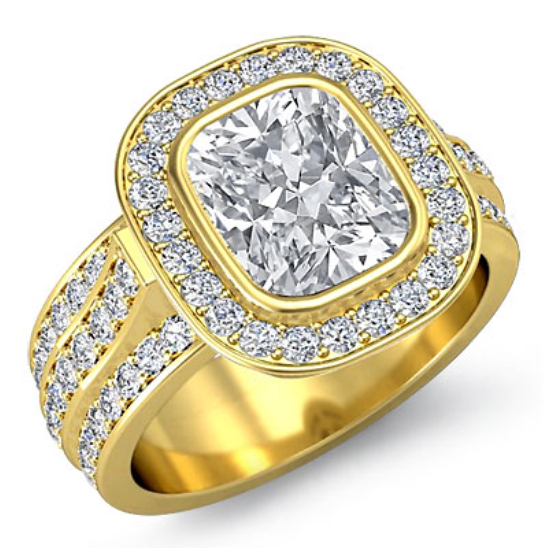 Bezel Set Trio Shank Halo diamond Ring 14k Gold Yellow