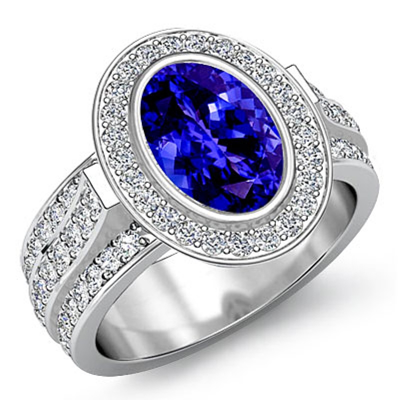 Halo Bezel Pave Set Shank Oval diamond engagement Ring in 14k Gold White