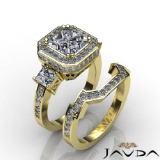 3 Stone Halo Pave Bridal Set diamond Ring 18k Gold Yellow