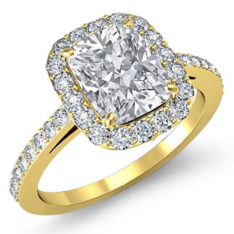 Halo Pave With Sidestone diamond Ring 14k Gold Yellow