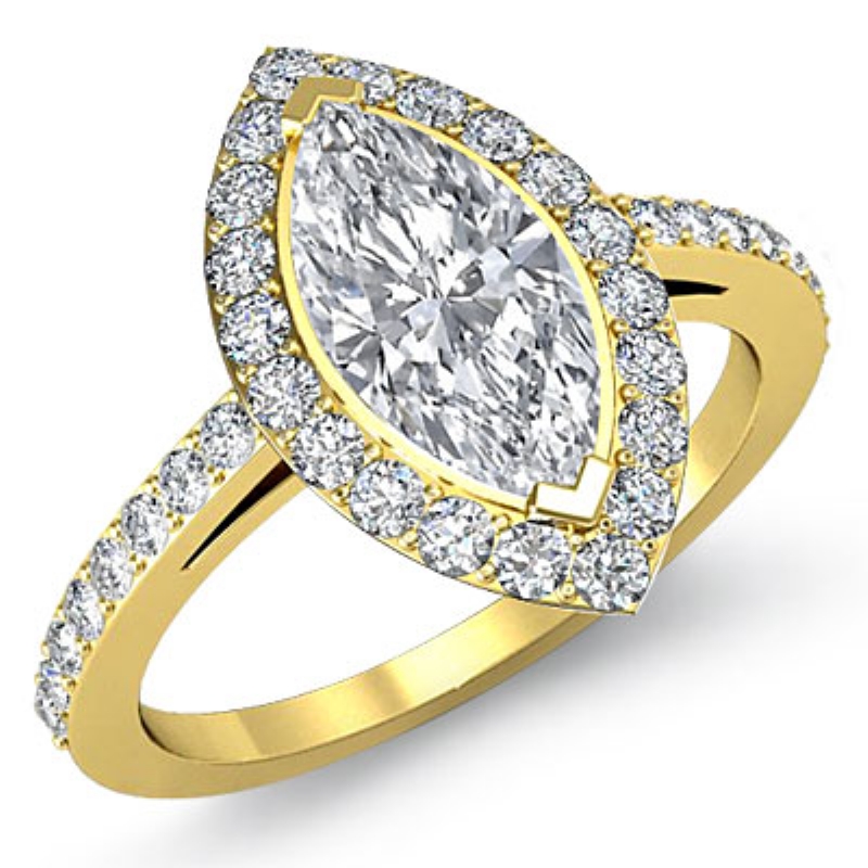 Halo Sidestone Pave Set diamond Ring 14k Gold Yellow