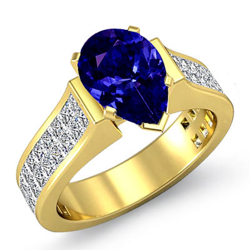 Invisible Shank Sidestone Pear diamond engagement Ring in 14k Gold Yellow