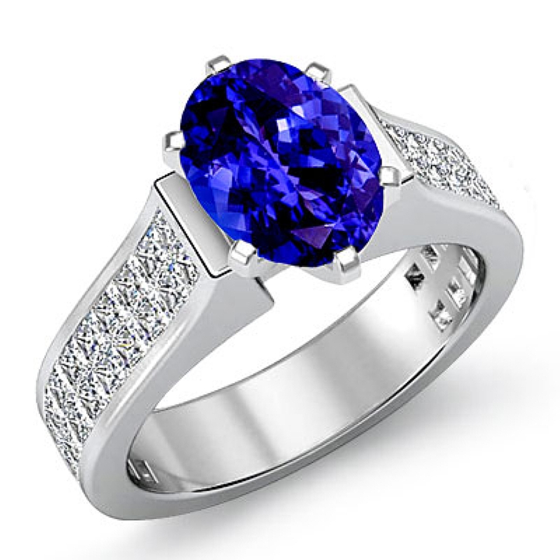 Invisible Shank Sidestone Oval diamond engagement Ring in 14k Gold White