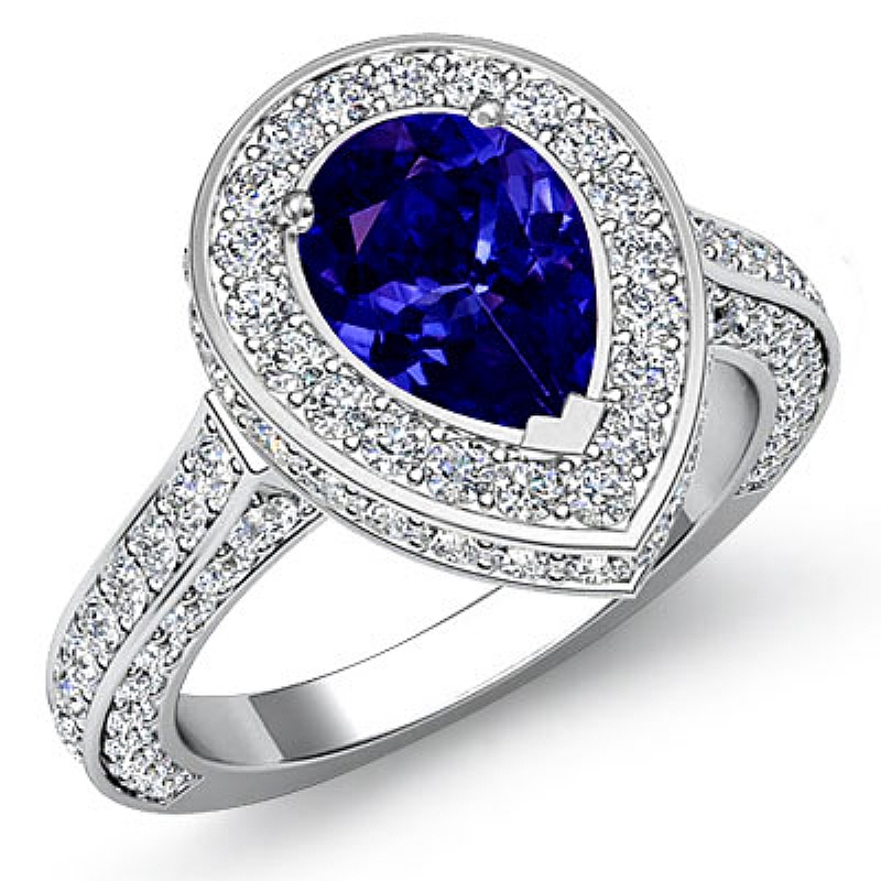 Circa Halo Pave Side-Stone Pear diamond engagement Ring in 14k Gold White