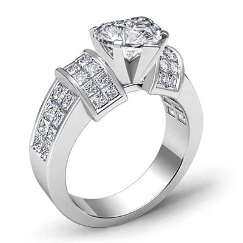 Invisible Set 4 Prong Peg Head Heart Diamond Engagement Ring 14k White ...