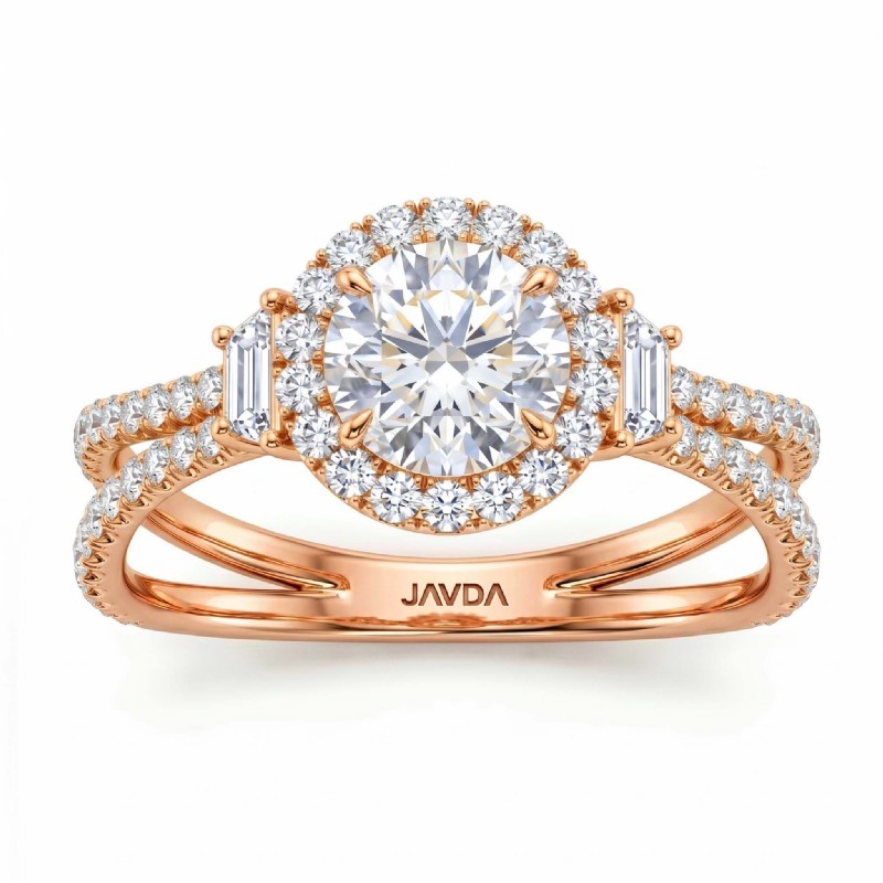 Baguette Three Stone Halo Pave diamond Ring 14k Rose Gold