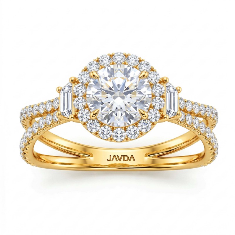Baguette Three Stone Halo Pave diamond Ring 14k Gold Yellow