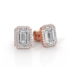Halo Emerald Cut Claw Prong Lab grown Diamond Earring IGI 14k Rose Gold  (2.14Ct. tw.)