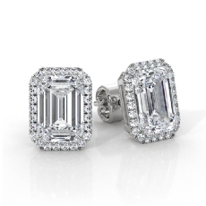 Claw Prong Halo Emerald Lab grown Diamond Earring IGI 14k White Gold 4.27ctw.