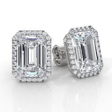 Halo Emerald Lab grown Diamond Claw Prong Earring IGI 14k White Gold 6.36ctw.