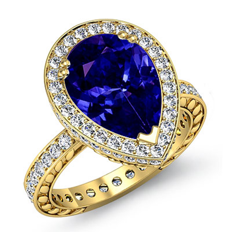 Petal Engraved Circa Halo Pear diamond engagement Ring in 14k Gold Yellow