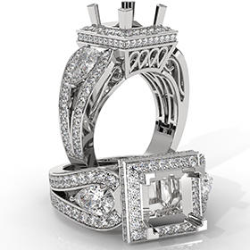 3 Stone Princess Semi Mount Circa Halo Diamond Engagement Ring 14k Gold 1.85 Ct.