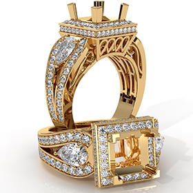 3 Stone Princess Semi Mount Circa Halo Diamond Engagement Ring 14k Gold Yellow  (1.85Ct. tw.)