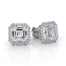 Asscher Cut Lab grown Diamond IGI Claw Prong Halo Earring 14k White Gold 4.32ctw