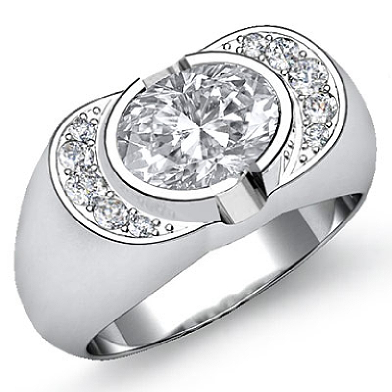 Semi Bezel Graduated Pave Set Oval diamond   in 14k Gold White