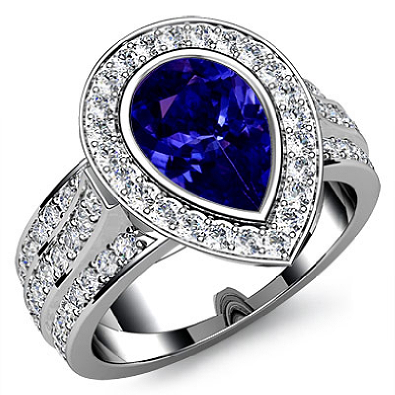 3 Row Shank Bezel Halo Pear diamond engagement Ring in 14k Gold White