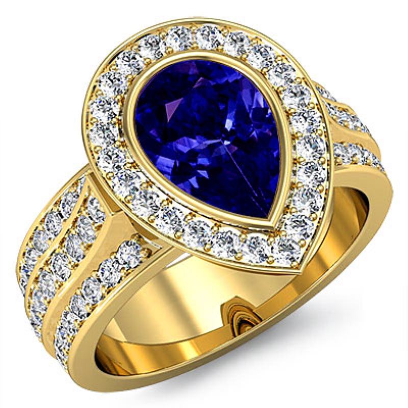 3 Row Shank Bezel Halo Pear diamond engagement Ring in 14k Gold Yellow