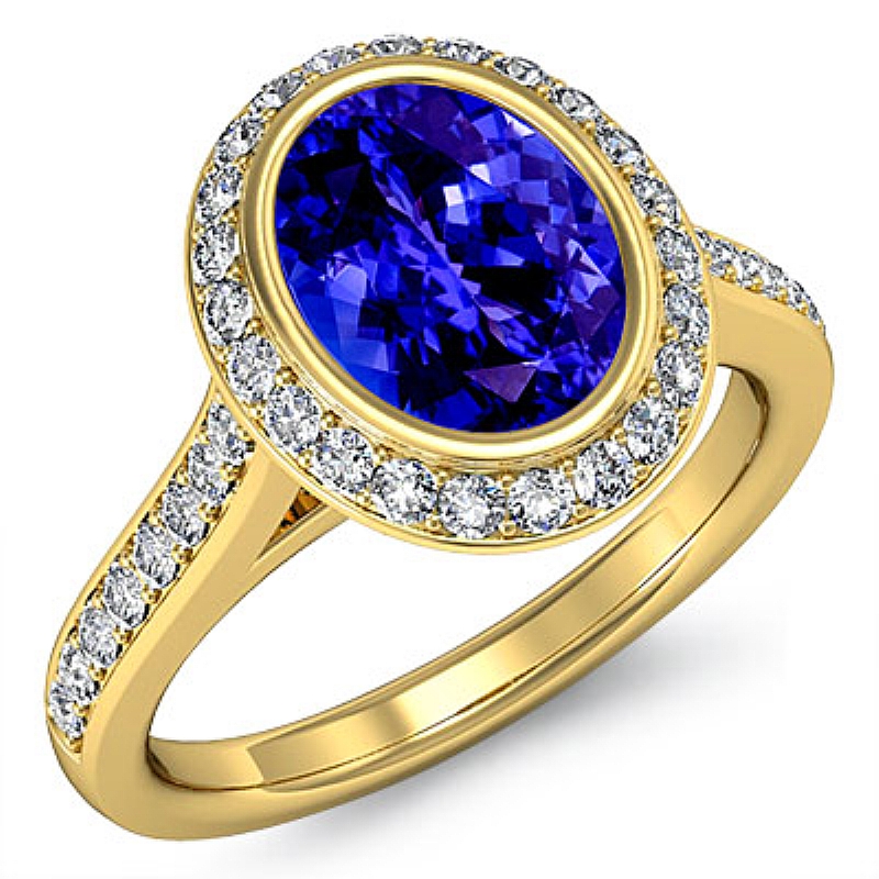 Halo Bezel Pave Setting Oval diamond engagement Ring in 18k Gold Yellow