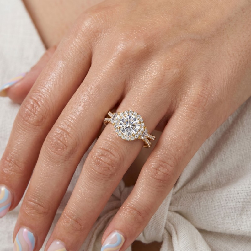 Baguette Three Stone Halo Pave diamond Ring 14k Gold Yellow