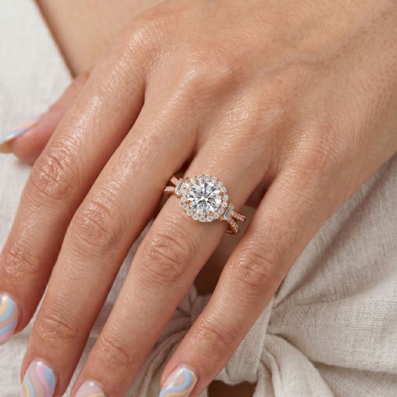 Baguette Three Stone Halo Pave diamond Ring 14k Rose Gold