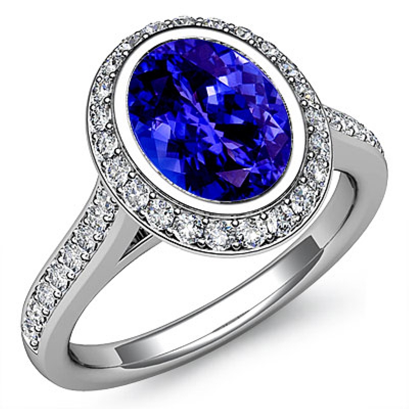 Bezel Set Halo Side Stone Oval diamond engagement Ring in 14k Gold White