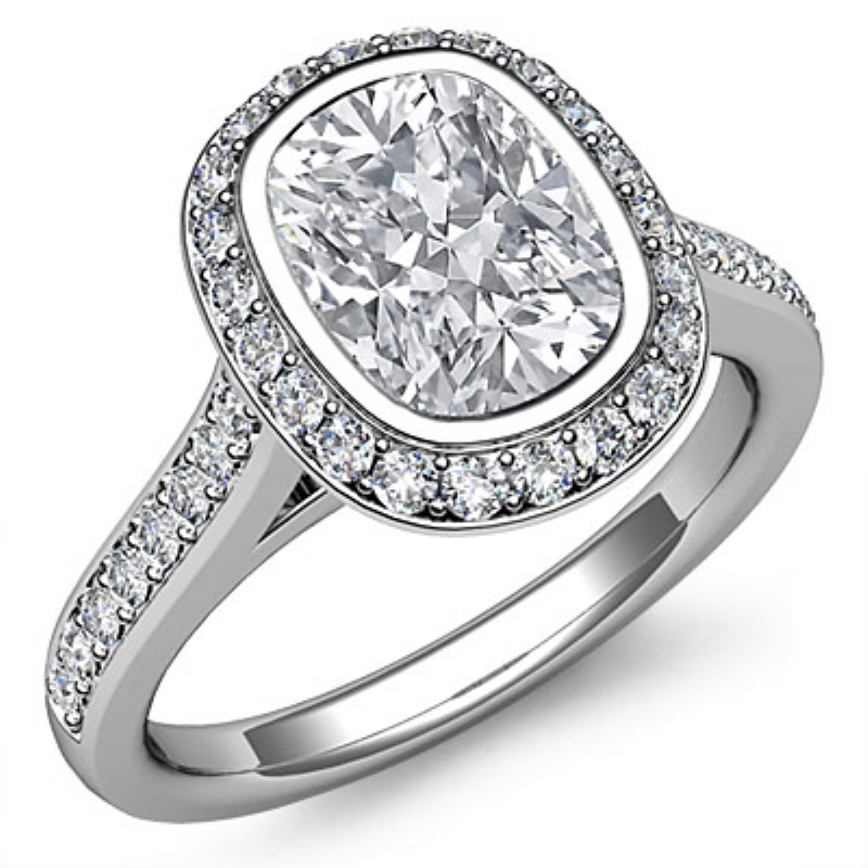 Bezel Set Halo Side Stone diamond Ring 14k Gold White