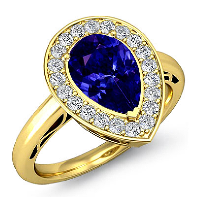 Halo Sidestone Filigree Pear diamond engagement Ring in 18k Gold Yellow