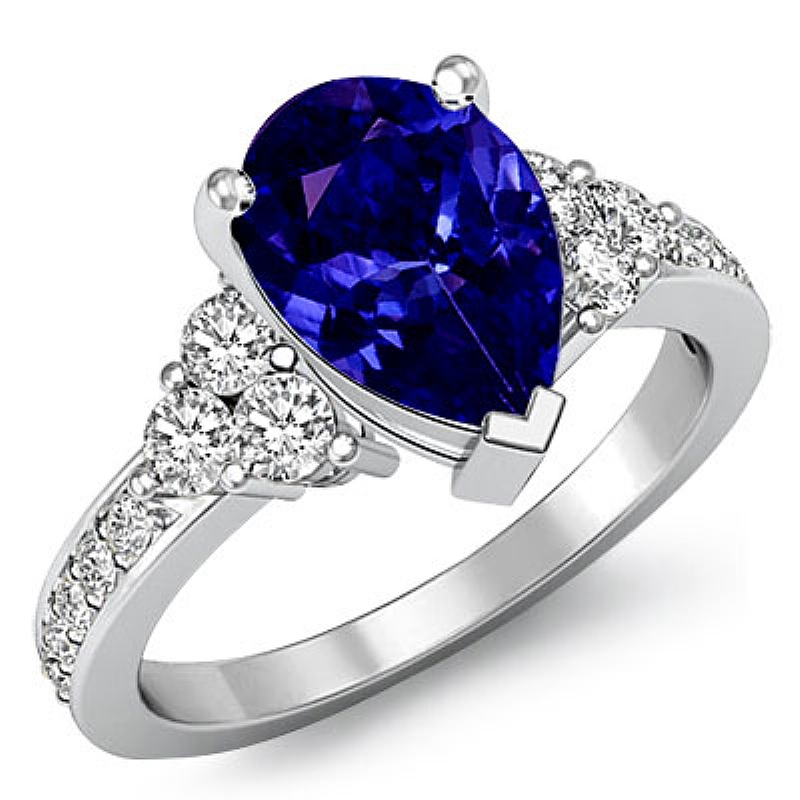 Three Stone Pave Sidestone Pear diamond engagement Ring in 14k Gold White