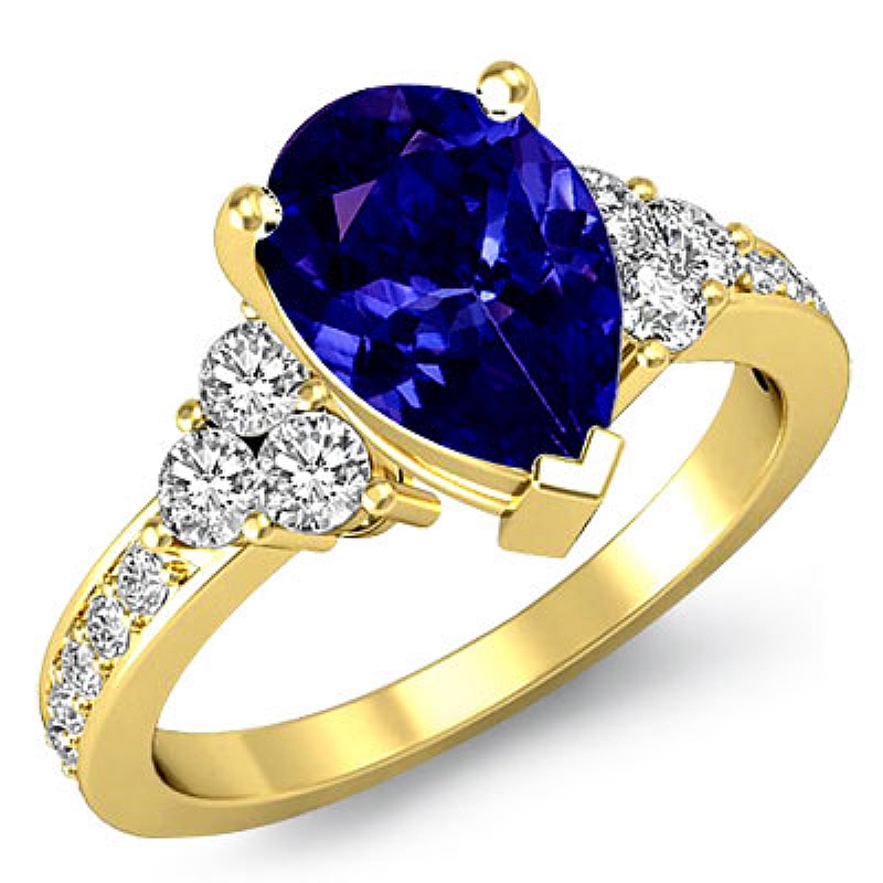 Three Stone Pave Sidestone Pear diamond engagement Ring in 18k Gold Yellow