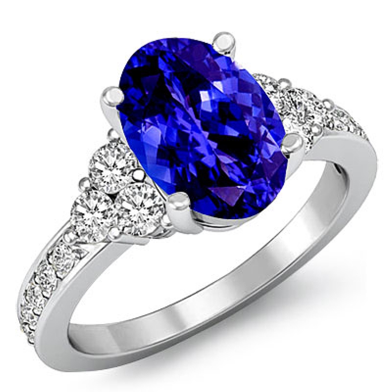 Three Stone Pave Sidestone Oval diamond engagement Ring in 14k Gold White