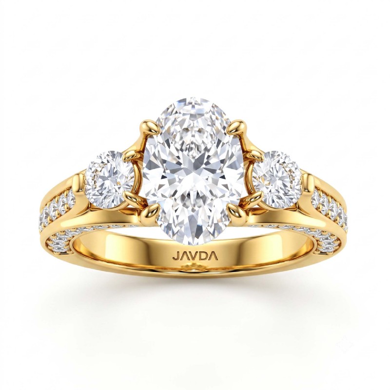 Three Stone Pave Bridge Accent diamond Ring 14k Gold Yellow
