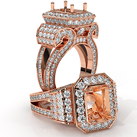 Emerald Diamond Vintage Semi Mount Engagement Ring 14k Rose Gold Halo  (2.7Ct. tw.)