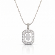 Pave Set Diamond Halo Radiant Cut Solitaire Pendant in 14k White Gold 0.61ct.