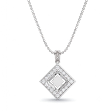 Pave Set Diamond Solitaire Accent Halo Princess Pendant in 14k White Gold 0.67ct