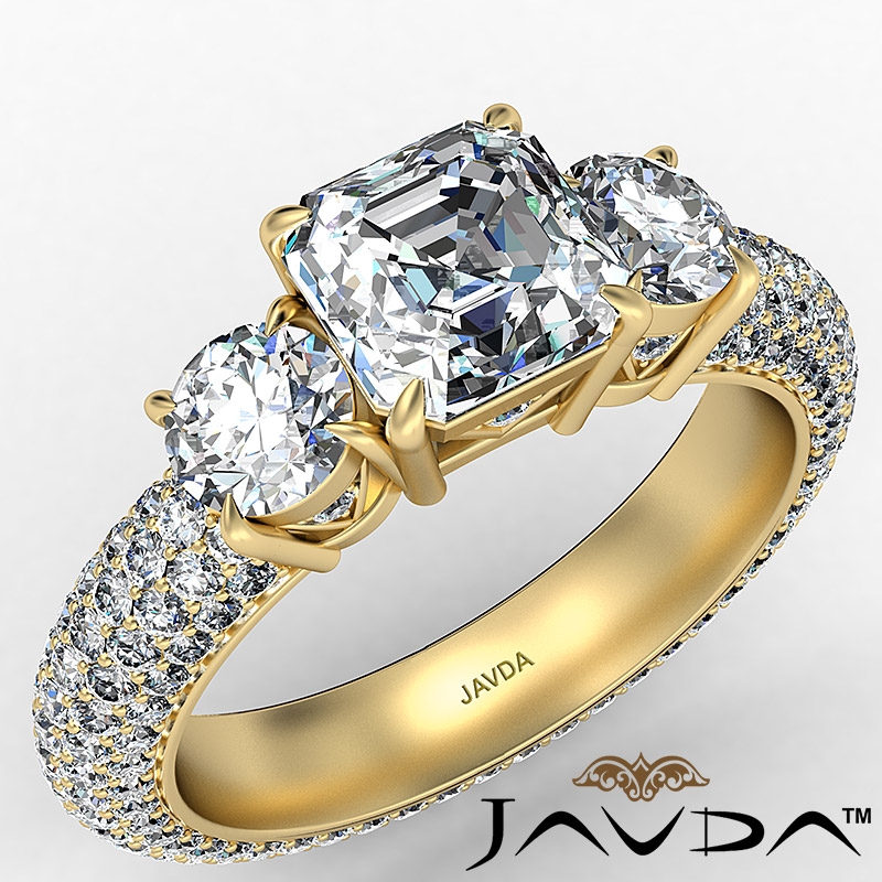 Micro Pave Set Three Stone diamond Ring 18k Gold Yellow