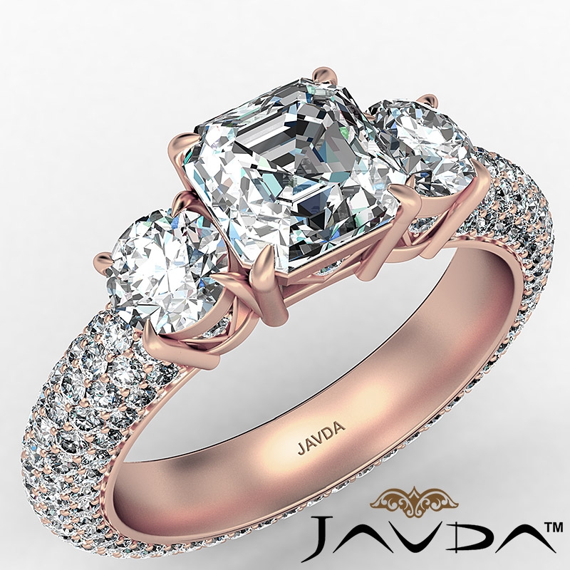 Micro Pave Set Three Stone diamond Ring 14k Rose Gold