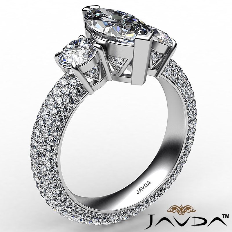 Micro Pave Set Three Stone Marquise Diamond Engagement Ring 
