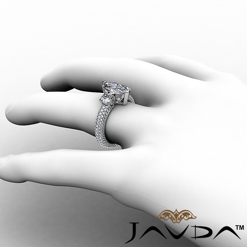 Micro Pave Set Three Stone Marquise Diamond Engagement Ring 