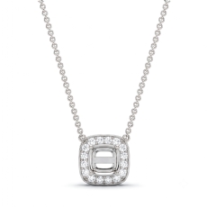 Halo Pave Cushion Diamond Semi Mount Pendant With Chain 14k White Gold 0.12ct.