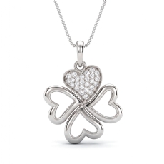 14K White Gold Lab Grown Diamond Heart Clover Pendant Necklace Pave Set 0.22ctw.
