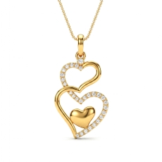 14k Gold Yellow Diamond Double Heart Love Pendant Necklace Polish Finish  (0.25Ct. tw.)
